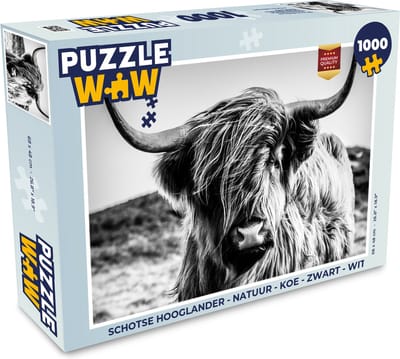 Puzzel Schotse hooglander - Natuur - Koe - Zwart - Wit - Legpuzzel - Puzzel 1000 stukjes volwassenen