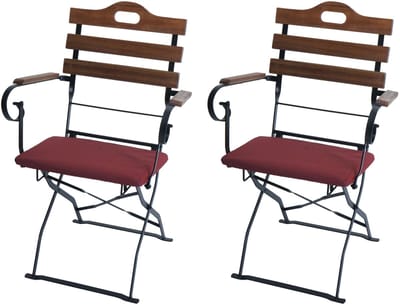 Set van 2 biertuinstoelen MCW-J40, klapstoel tuinstoel, horecakwaliteit acacia ~ lichtbruin, bekleding rood