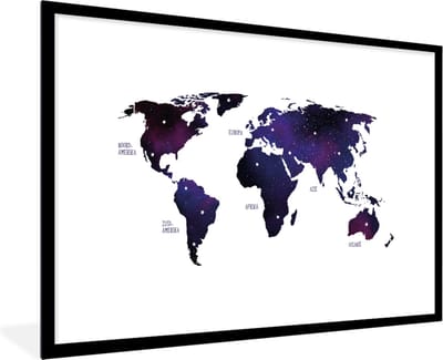 Poster in lijst - Fotolijst 90x60 cm - Posters - Wereldkaart - Paars - Sterrenhemel - Kinderen - Jongens - Meisjes - Posterlijst zwart - Decoratie - Wanddecoratie woonkamer - Muurdecoratie slaapkamer