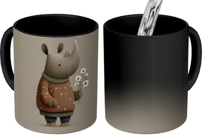 Magische Mok - Foto op Warmte Mokken - Koffiemok - Neushoorn - Witte bloemen - Lief - Magic Mok - Beker - 350 ML - Theemok