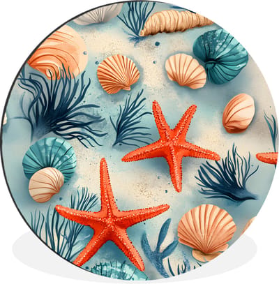 WallCircle - Wandcirkel - Muurcirkel - Zeesterren - Schelpen - Illustratie - Zand - Aluminium - Dibond - 30x30 cm - Binnen en Buiten