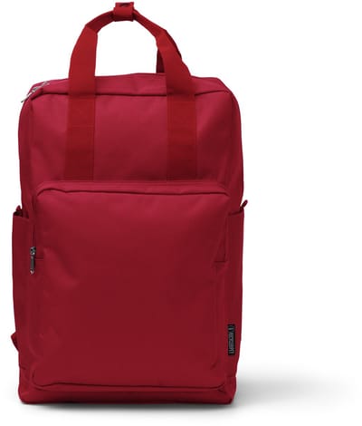 Rode rugzak gerecycled polyester hoofdvak met laptopvak, apart vak voorzijde en flesvak