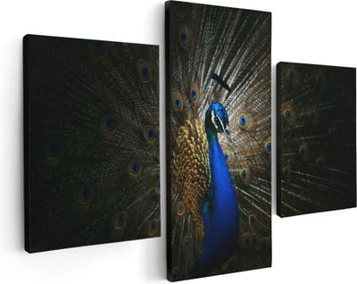 Artaza Canvas Schilderij Drieluik Blauwe Pauw Met Grote Veren - 90x60 - Foto Op Canvas - Canvas Print