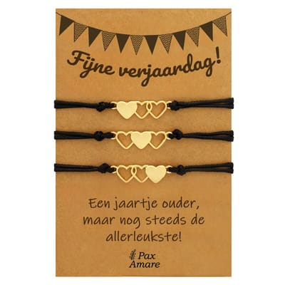 Vriendschapsarmbandjes voor 3 "Fijne Verjaardag" - Hartjes - BFF Armbandjes met Persoonlijk Cadeau Kaartje - Goudkleurig - Elastisch Verstelbaar - Pax Amare