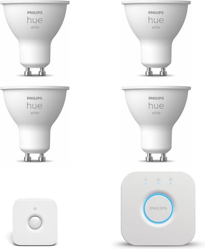 Philips Hue Starterspakket - GU10 - met 4 Spotjes - Warmwit Licht - Incl. 1 Hue Bridge, 1 Hue Bewegingssensor voor Binnen - Hue White