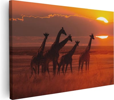Artaza Canvas Schilderij Afrika - 30x20 cm - Klein - Wanddecoratie Giraffe - Muurdecoratie Zonsondergang - Kamer Accessoires Dieren