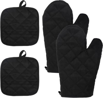 Set van 4 hittebestendige ovenhandschoenen en pannenlappen, antislip voor koken, bakken en grillen