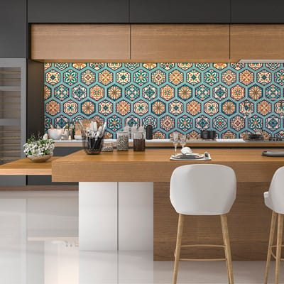 Zelfklevende wandtegels voor keuken en badkamer - Blauwgroene gepatineerde houten zeshoekige tegels - 28 zeshoekige stickers, 10x9 cm