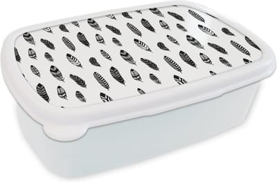 Broodtrommel Wit - Lunchbox - Brooddoos - Veren - Zwart Wit - Patroon - Vogel - 18x12x6 cm - Volwassenen