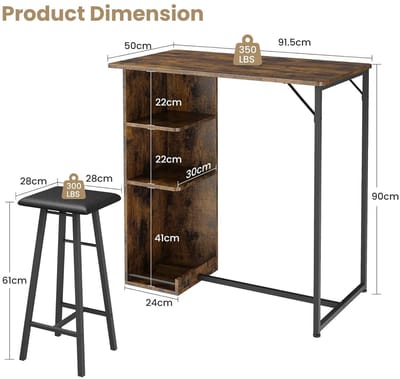 Lifero Bartafel Set - Eettafel met 2 Barkrukken - Woonkamer Tafel met Planken - 91,5 x 50 x 90 cm - Keukentafel Industrieel