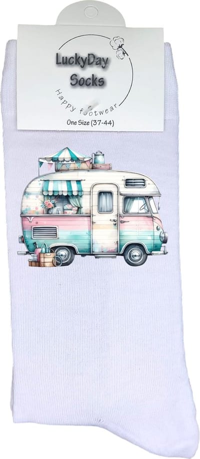Camper - Opkikker - Grappige sokken - Valentijns cadeau - Verjaardag cadeau - Sinterklaas cadeau - Leuke sokken - Vrolijke sokken - Kerstfeest - Vakantie - Kerst Sokken - Vaderdag - Moederdag - Kerstcadeau - Kunst - Socks die Happy maken - Maat 37-44