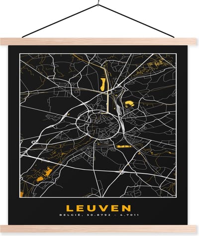 Posterhanger incl. Poster 40x40 cm - Schoolplaat - Stadskaart - Leuven - Kaart - Goud - Plattegrond - Textielposter - Blanke latten - Stadskaart