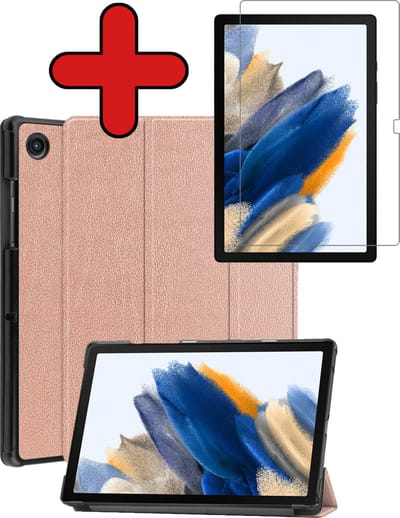 Hoesje - Geschikt voor Samsung Galaxy Tab A8 - Met Screenprotector - Hardcover Book Case - Trifold Bookcase Hoes - Hard Cover - Tablethoes - Rosé goud