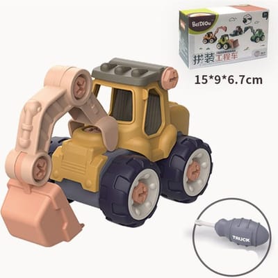 DOE-HET-ZELF Bouwvrachtwagen Techniek Speelgoed Inclusief Gereedschap Leren Monteren Graafmachine Cadeau ( Inclusief schroevendraaier ) beige