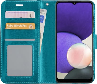 Hoes - Met Pasjeshouder - Geschikt voor Samsung Galaxy A22 4G - Luxe Bookcase Portemonee - Flip Case - Kunstleer Book Case - Flipcase - Book Cover - Walletcase - PortemonneeHoes - Turquoise