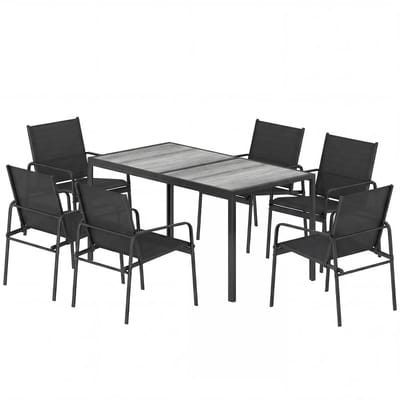 Balkonset 6 personen - Tuinset - Bistroset - Zwart+Grijs - Weerbestendig - 7 delig - 6 stoelen - 6 personen - Gecoat staal - Onderhoudsvrij staal