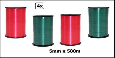 4x Krul lint groen en rood 5mm x 500meter - Vernieuwd, nu met folie beschermlaag om de verpakking - krul lint kerst thema feest decoratie