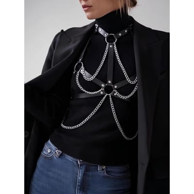 Dames Leren Body Harness Met Kettingen - Verstelbaar Punk Goth Lingerie Voor Mode En Dans 111cm black