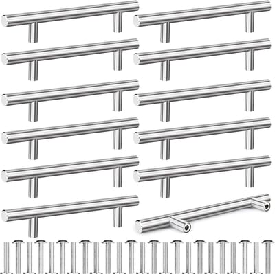 Famanu 12 stuks meubelgrepen, zilverkleurig, boorgatafstand 128 mm, T-bar keukengrepen met 24 schroeven, keukenkastgrepen, keukenkastgrepen van roestvrij staal, ladegrepen, deurgrepen voor keukenkasten