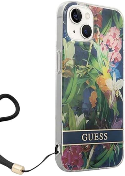 Guess Flower Back Cover met Strap - Geschikt voor Apple iPhone 14 (6.1") - Blauw
