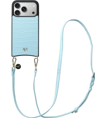 AVY Leren Hoesje Geschikt voor Apple iPhone 17 Pro | Compatibel met MagSafe | Leather Case met Telefoonkoord | Crossbody | Croco Blauw | Long Leather