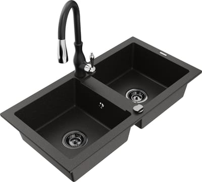 Mexen Mario granieten gootsteen 2-kamer met keukenkraan Savita, zwart/goud metallic - 6504-75-672601-70-B