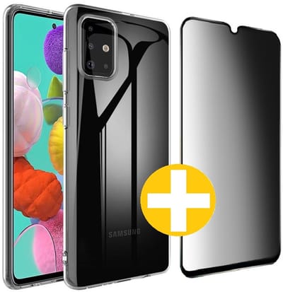 Hoesje en Privacy Screenprotector Combi Geschikt Voor Samsung A12 - Transparant Hoesje + Privacy Glas