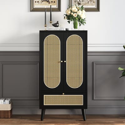 Sweiko Compact Kast, Rotan Design, Zwart, 2-deurs, 1-lade, Highboard, Eetkast, Boekenplank, – Veelzijdige opbergoplossingen