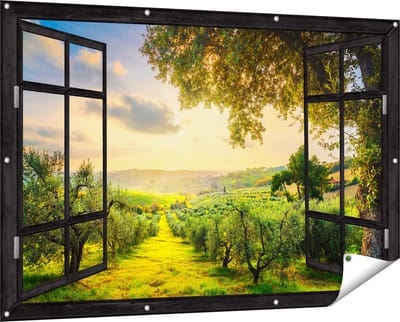 Gards Tuinposter Doorkijk Olijvenbomen - Olijvengaard - 150x100 cm - Tuindoek - Tuindecoratie - Wanddecoratie buiten - Tuinschilderij