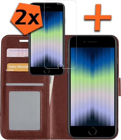 Hoes - Met 2x Screenprotector - Geschikt voor Apple iPhone SE (2022) - Luxe Pasjeshouder - Bookcase Portemonee - Flip Case - Kunstleer Book Case - Flipcase Hoes - Book Cover - Walletcase - PortemonneeHoes - Bruin