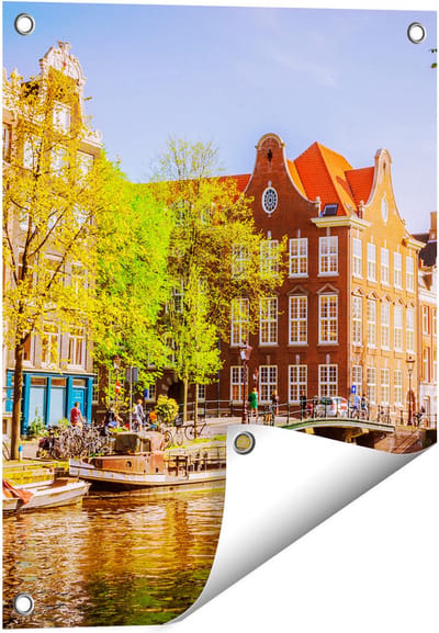 Gards Tuinposter Amsterdamse Gracht tijdens Zonsondergang - 40x50 cm - Tuindoek - Tuindecoratie - Wanddecoratie buiten - Tuinschilderij