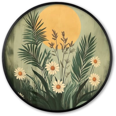 Poster in lijst Rond - Fotolijst 60x60 cm - Posters - Bloemen - Bladeren - Zon - Groen - Ronde posterlijst zwart - Decoratie - Wanddecoratie woonkamer - Muurdecoratie slaapkamer