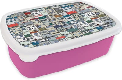 Broodtrommel Roze - Lunchbox - Brooddoos - Zentangle - Huis - Patronen - 18x12x6 cm - Kinderen - Meisje