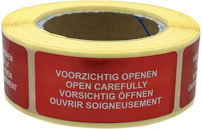 Voorzichtig openen sticker - 250 Stuks - 4 talen - 21x48mm - Waarschuwings sticker