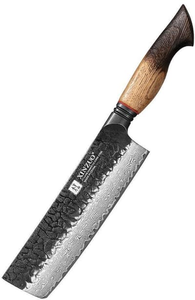 XinZuo Nakiri mes Damascus – X06 Mo Series – 18 cm – Gebrand Eiken Handvat – Professioneel Keukenmes