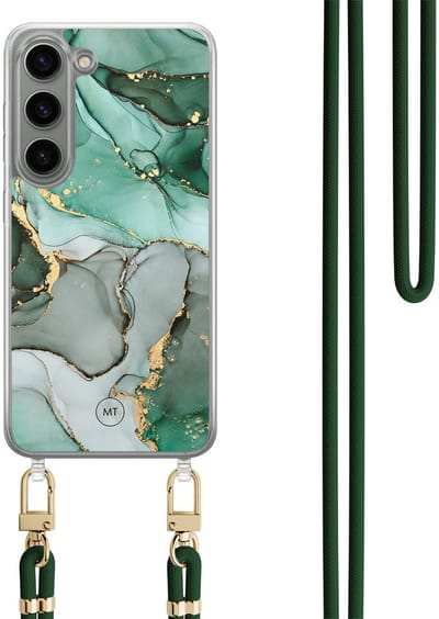 Hoesje met koord geschikt voor Samsung Galaxy S23 - Marble Design - Inclusief Groen koord - Crossbody beschermhoes - Transparant, Grijs, Groen - Mooie Telefoonhoesjes