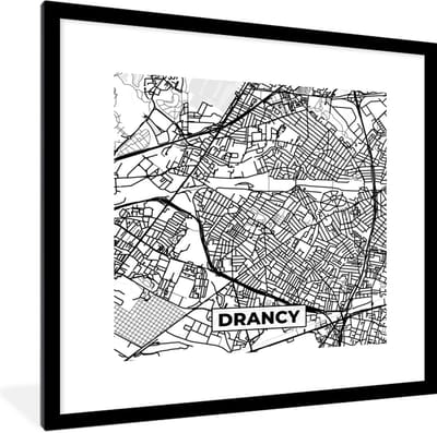 Fotolijst incl. Poster Zwart Wit- Plattegrond - Drancy - Kaart - Frankrijk - Stadskaart - Zwart wit - 40x40 cm - Posterlijst