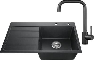 SOFETIY MAX Granieten Spoelbak 78x45CM Zwart - Spoelbakken Keuken Met Keukenkraan - Spoelbak Met Planchet en Afdruiprek - Spoelbakken Incl. Sifon en Afvoerzeefje