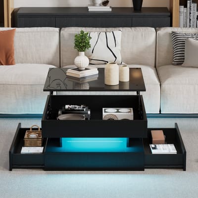 65x65x38,5cm verstelbare salontafel - bijzettafel met LED-verlichting - sofa tafel met lade - koffietafel met opbergruimte - zwart
