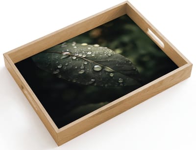 Dienblad hout 40x30 cm - Schootdienblad - Blad - Groen - Nerven - Regendruppels - Borrelplank rechthoek - Plateau dienbladen