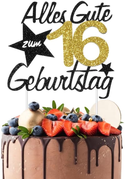 Dailygoods- Taarttopper Happy 16e Verjaardag - Taartdecoratie Set - Papieren Kaart - Goud/Zwart - 17 x 15,5 cm - Inclusief Stokjes