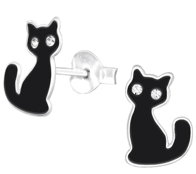 Joy|S - Zilveren kat poes oorbellen - 7 x 10 mm - zwart - kristal