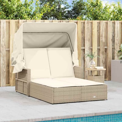 vidaXL - Ligbed - 2-persoons - met - luifel - en - kussens - poly - rattan - beige
