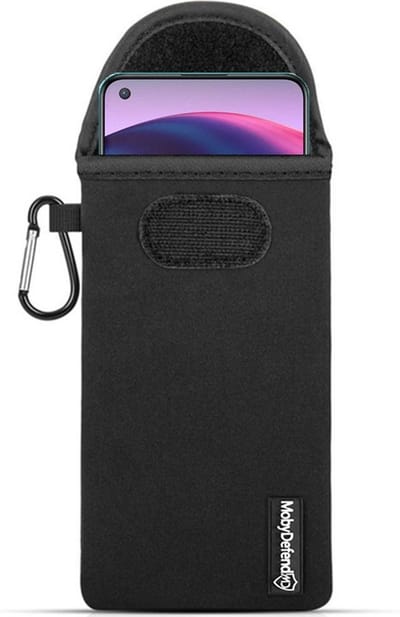 MobyDefend Hoesje - Geschikt voor OnePlus Nord CE - Neopreen Pouch Met Karabijnhaak - Insteek - Riemlus - Zwart