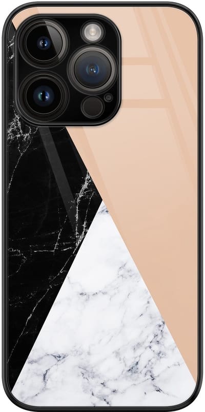 Hoesje geschikt voor iPhone 14 Pro - Marmer zwart bruin - Luxe Glazen Hardcase - Hippe print - Grijs - Leuke Telefoonhoesjes