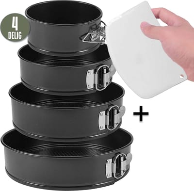 COOCK 4-delig Ronde Springvorm Set - Bakblik Rond - Taartvorm - Bakvorm met Anti Aanbaklaag - 16 tot 28cm - Incl Deegschraper