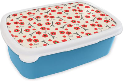 Broodtrommel Blauw - Lunchbox - Brooddoos - Patronen - Parijs - Eiffeltoren - Bloemen - 18x12x6 cm - Kinderen - Jongen