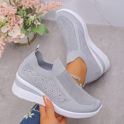 Dames Steentjes Gebreide Sleehak Sneakers Slip-On Ademende Loopschoenen Platform Sleehak voor Casual Dagelijks Gebruik 37 gray