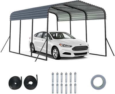 COSTWAY Carport Tentgarage 440 x 300 cm, waterdichte garagetent met metalen frame en 4 extra schuine poten, grote opbergtent, partytent voor auto, SUV, vrachtwagen, boot