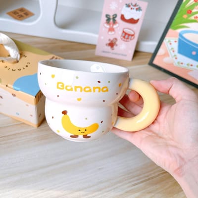 Schattige Dikke Handvat Kalebas Kop Banaan Croissant Cartoon Keramische Kop Koffiekop Ontbijtkop Cadeau 300,ml white